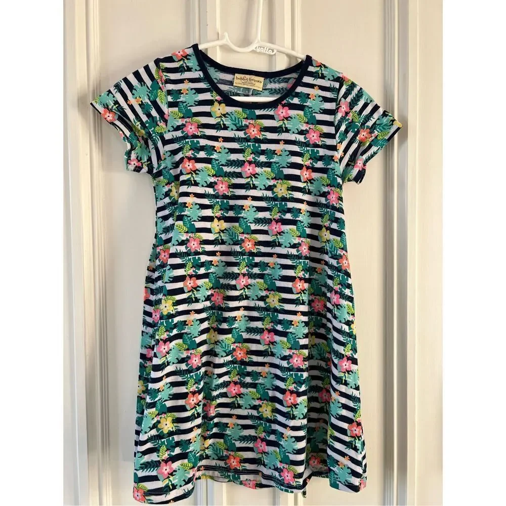 Bobbi Brooks black and white striped multicolor floral t- shirt dress XL